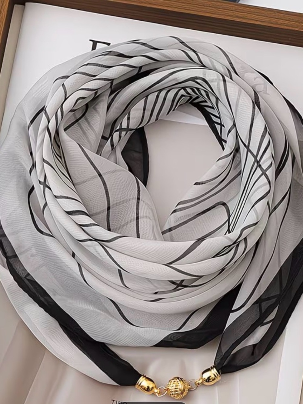 Chic Black & White Sheer Wrap Scarf with Gold Bead Accent